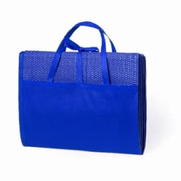 A foldable blue tote bag with handles and a front pocket, featuring a textured design.