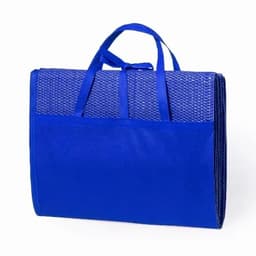 A foldable blue carry bag with handles and a textured surface, featuring a front pocket.