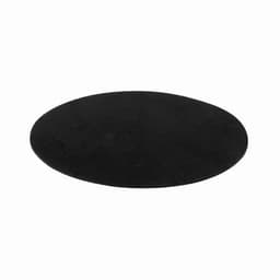 A black circular mat with a smooth surface, featuring a logo at the centre.