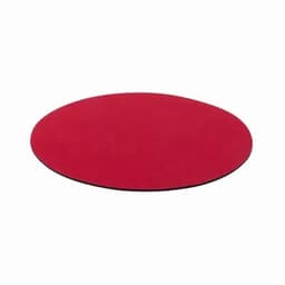 A round red mat with a smooth surface, featuring a black underside.