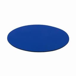 A round blue promotional product with a flat surface and black edging, featuring a logo on top.
