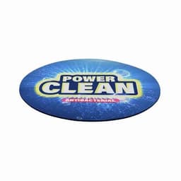 A blue circular promotional product with "POWER CLEAN" and "ANTIBACTERIAL" text, featuring a sparkly design.