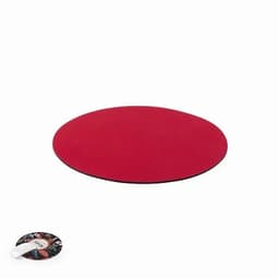 A red round mouse pad with a smaller circular design, featuring a colourful pattern and a white tag.