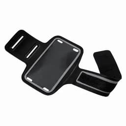 A black sports armband with a clear pocket for holding a device, featuring adjustable straps for securing to the arm.