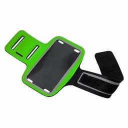 A fitness armband in green and black, featuring a transparent pocket for a phone and adjustable strap.