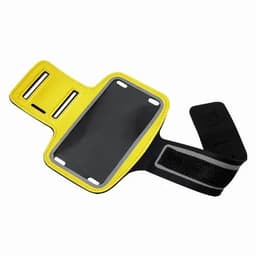 A yellow sports armband with a transparent pocket for a phone, featuring a black adjustable strap.