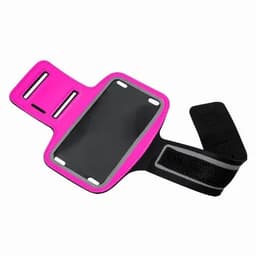 A pink fitness armband with a black screen protector and adjustable strap, designed for holding devices.