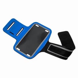 A phone armband in blue and black, featuring a clear pocket for devices and adjustable straps.