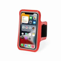 A phone armband in red, featuring a clear front for screen visibility and a secure adjustable strap.