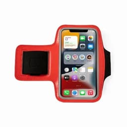 A phone armband in bright red with a black adjustable strap, designed to hold a smartphone securely.