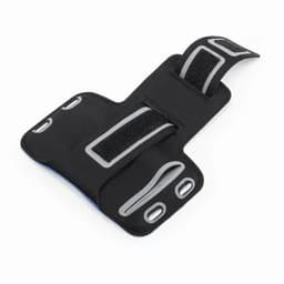A black fitness arm band with grey accents and Velcro straps for secure attachment. Ideal for holding small items.