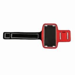 A red and black armband with a clear pocket for holding a device, featuring adjustable straps and a secure fit.