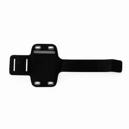 A black sports armband with adjustable straps and multiple holes for fitting. It has a logo displayed on it.