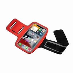 A phone armband in red and black, featuring a clear pocket for a smartphone and adjustable straps.