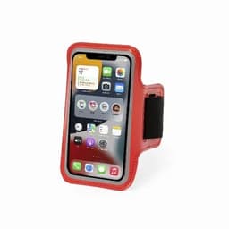 An armband phone holder in red, featuring a transparent front for screen visibility and a secure strap.