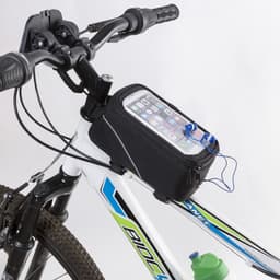 A black bicycle bag mounted on the handlebars, containing a phone and a drink bottle in green.