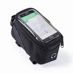 A bike bag in black with a clear top, displaying a smartphone showing a map inside. It has a zip closure and branding.