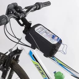 A bike handlebar pouch in black, featuring a transparent top for a smartphone and a drink bottle holder in green.