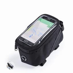 A bike bag in black with a clear, zippered compartment for a smartphone, featuring a logo on the side.