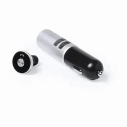 A black and silver car charger with a removable USB port and a circular connector. It features a logo on the body.