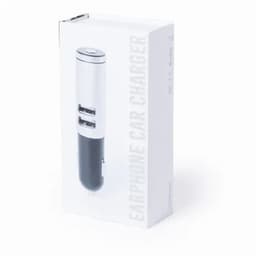 A car charger with two USB ports in a black and silver design, presented in a branded white box.