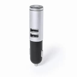 A car charger with a silver top and black bottom, featuring two USB ports. It includes a logo on the side.