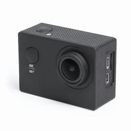 A black action camera featuring a textured surface, buttons for operation, and ports for connectivity.
