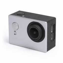 A compact silver action camera with a textured black casing, featuring a lens and multiple connection ports.
