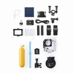 A collection of camera accessories including a yellow float, mounts, straps, and a protective case, arranged neatly.