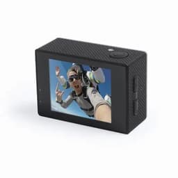 A compact black action camera with a large screen, showing a skydiver taking a selfie while jumping.