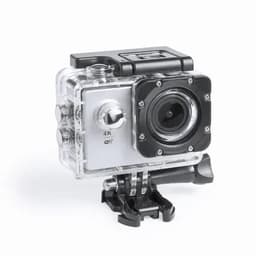 A camera in a waterproof housing, featuring a lens, buttons, and a mount, predominantly in transparent and black colours.