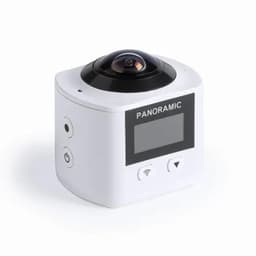 A panoramic camera in white with a dome lens, featuring a small screen and buttons for operation.