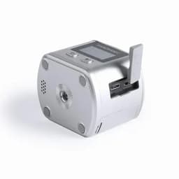 A compact silver audio device with a screen, USB-C port, and a slot for cards, featuring a small logo.