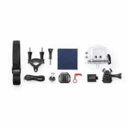 A collection of camera accessories, including mounts, straps, cables, and a cleaning cloth, arranged on a white background.