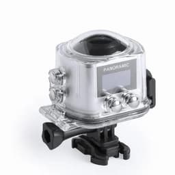 A panoramic camera in a clear protective casing with buttons and a mounting base, featuring a black and silver design.