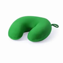 A green neck pillow with a U-shape design, featuring a convenient carrying loop.