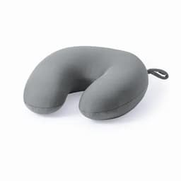 A neck pillow in a grey colour, featuring a U-shape design and a hanging loop.