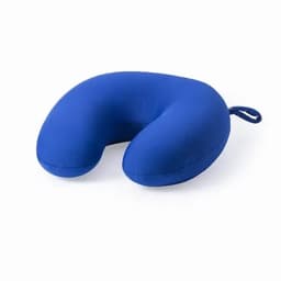 A blue neck pillow with a curved design and a small handle for easy carrying.