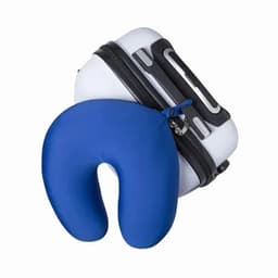A travel set featuring a blue neck pillow and a white carrying case with a zip closure and handle.