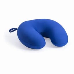 A blue neck pillow with a curvy shape and a hanging loop for easy carrying.