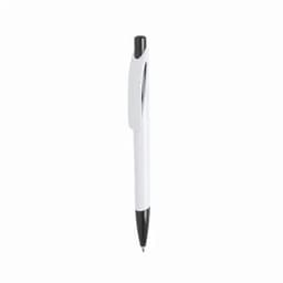 A ballpoint pen with a white barrel and black accents, featuring a clip and a logo on the side.