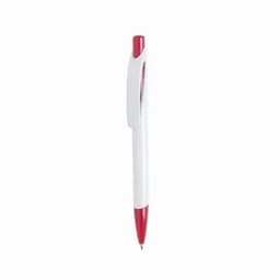 A pen featuring a white body and a red cap and tip, with a clip on one side.
