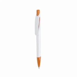 A white pen with an orange tip and clip, featuring a logo on the barrel.