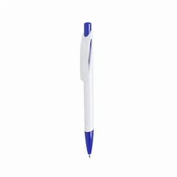 A ballpoint pen in white and blue, featuring a clip and a smooth barrel design.