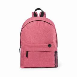A pink backpack featuring a front pocket and a mesh side pocket. It has two shoulder straps and a logo.