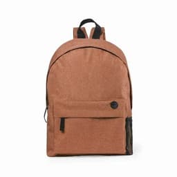 A brown backpack with a textured fabric, featuring a front pocket and a mesh side pocket. There is a logo on it.