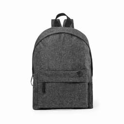 A grey backpack with a zippered front pocket and two adjustable straps on the back. Features a subtle logo.