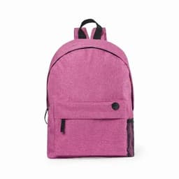 A pink backpack with a front pocket and adjustable straps, featuring a textured fabric and side mesh pocket.