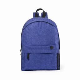A blue backpack with a front pocket and black trim, featuring adjustable straps and a logo.