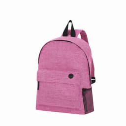 A pink backpack with a front pocket and a side mesh pocket, featuring two shoulder straps and a branding logo.